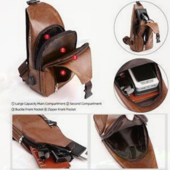 New Mens Crossbody with USB Charge Port Brown 0247 - Picture 2 of 3